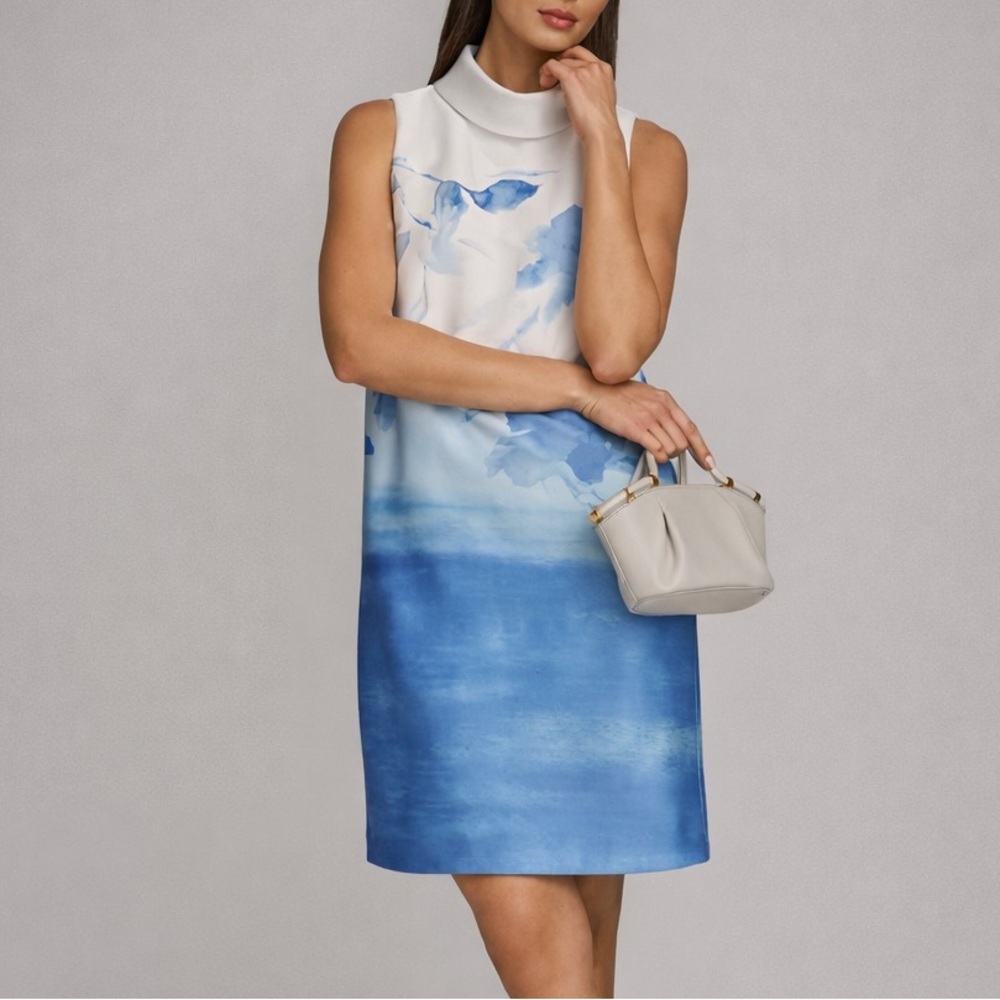 ✨Donna Karan New York Blue Watercolor Sleeveless Sheath Dress Size 2 Mock Midi